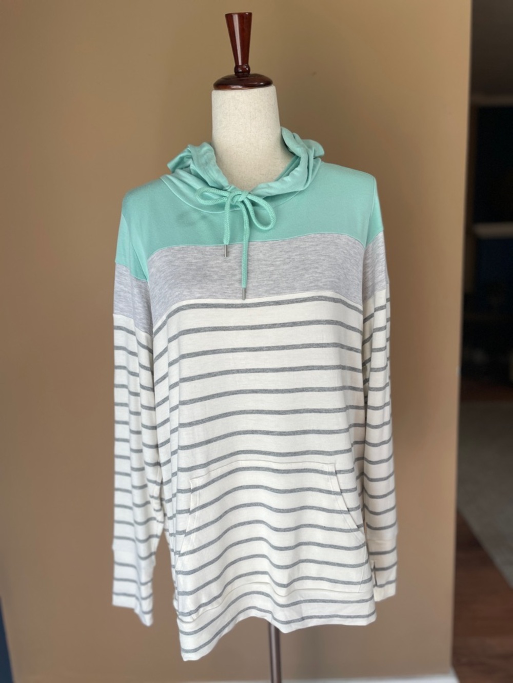 Market & Spruce Womens French Terry Hoodie Teal Striped 1X Soft‎ Stretchy Beachy